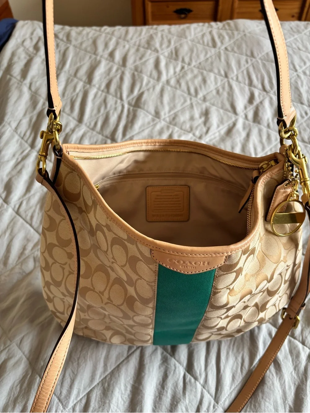 Coach Beige Signature Shoulder Bag with Green Center Stripe